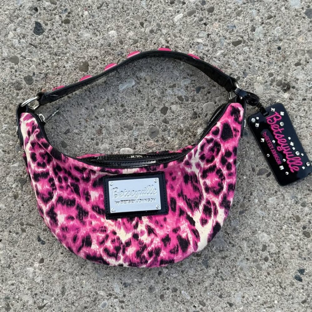 Rare Y2K Betsey Johnson Betseyville Shoulder Bag Pink Animal Print Studded Strap